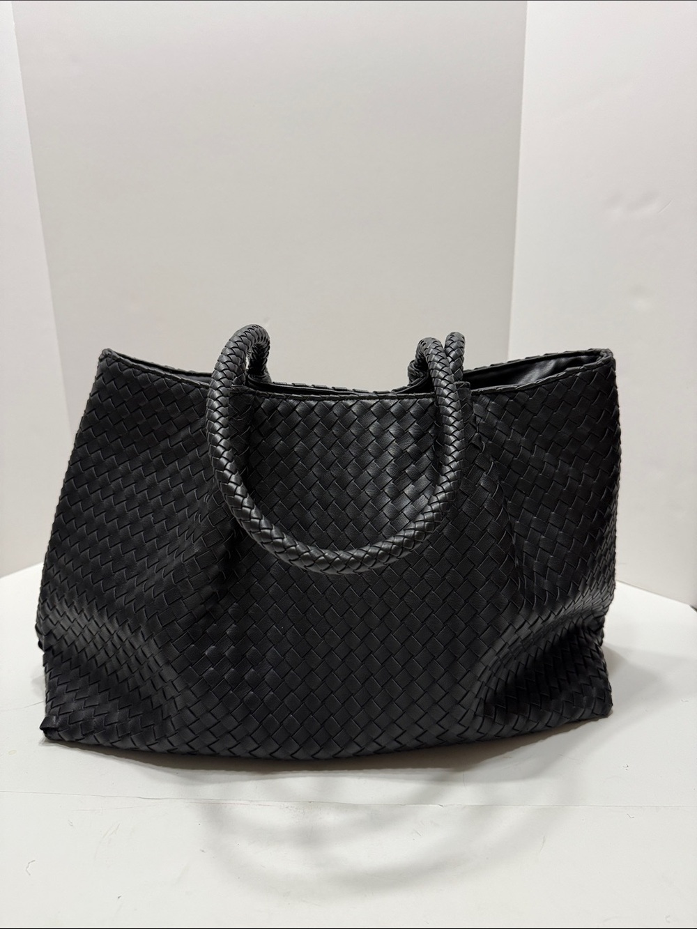 Lulu Dharma Black Woven Tote Bag with Rounded Handles